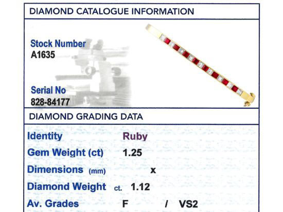 ruby and diamond yellow gold bangle grading card
