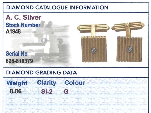 gold diamond cufflinks grading card