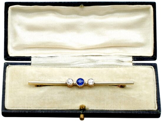 boxed Sapphire and Diamond Bar Brooch