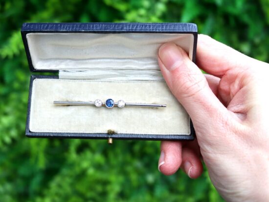 boxed Sapphire and Diamond Bar Brooch outside