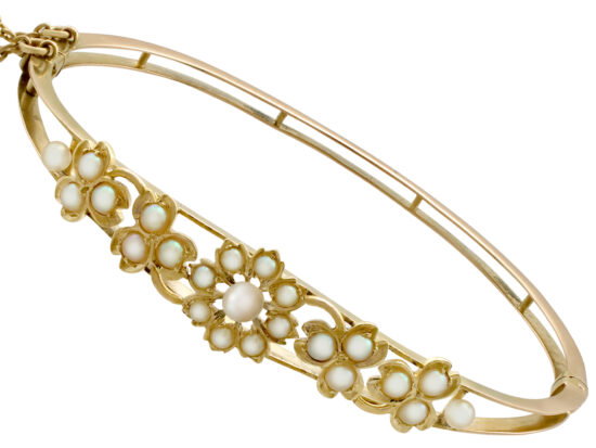 Seed Pearl and Yellow Gold Bangle Angled