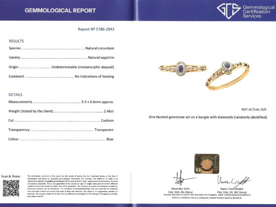 sapphire diamond bangle certificate