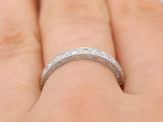 Full Diamond Eternity Ring Platinum on finger