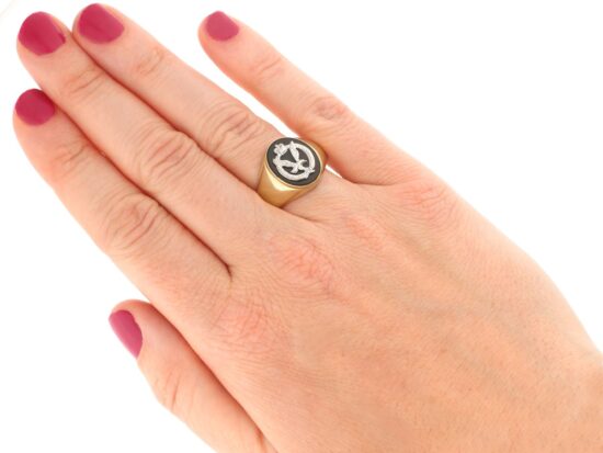 onyx Army Signet Ring in gold wearing