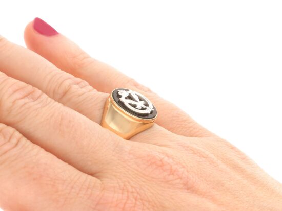 wearing onyx Army Signet Ring in gold