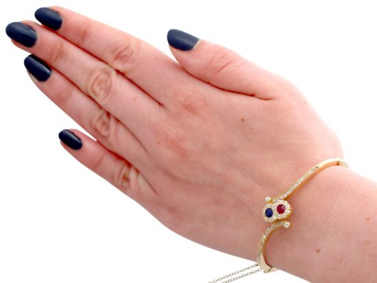 Ruby Sapphire Gold Bangle On Wrist