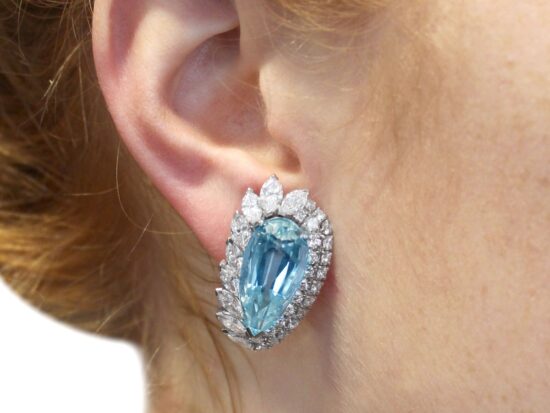 Aquamarine Earrings Being Worn Closeup