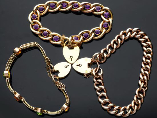 Trio of Heart Padlock Yellow Gold Bracelets