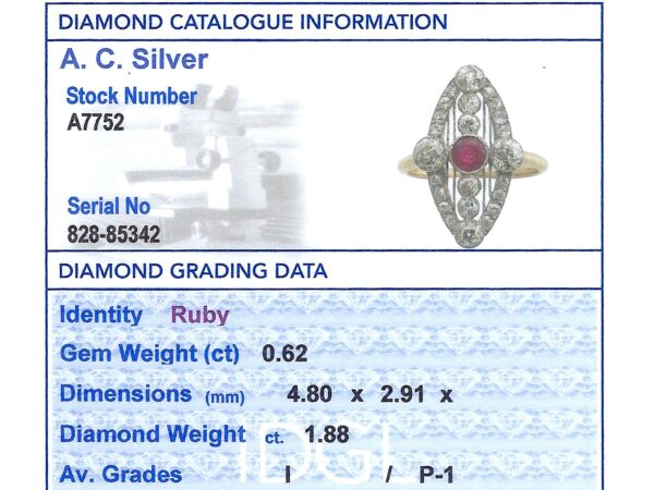 Ruby and Diamond Marquise Ring 1920s grading card