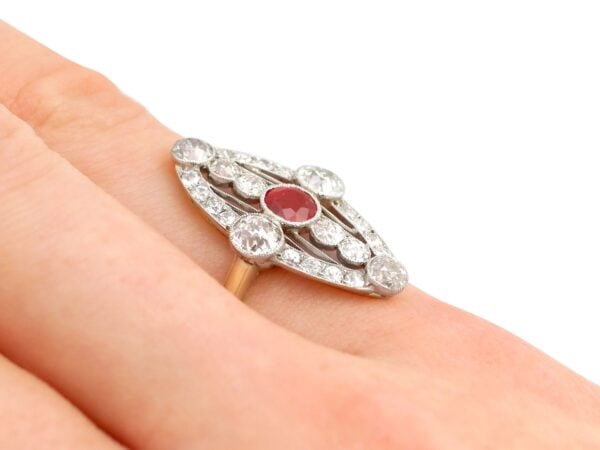 Ruby and Diamond Marquise Ring 1920s on hand