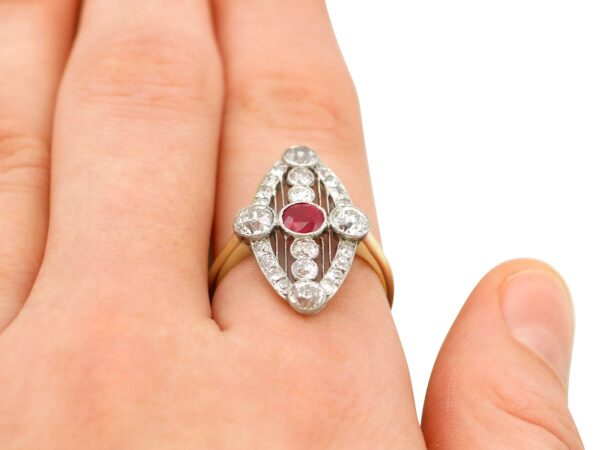 Ruby and Diamond Marquise Ring 1920s on finger
