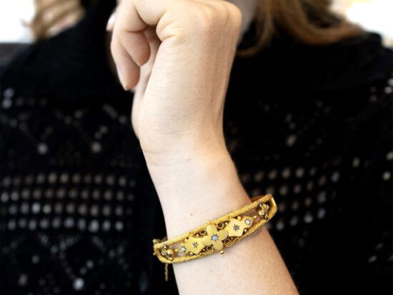 Opal Diamond Gold Bangle On Wrist