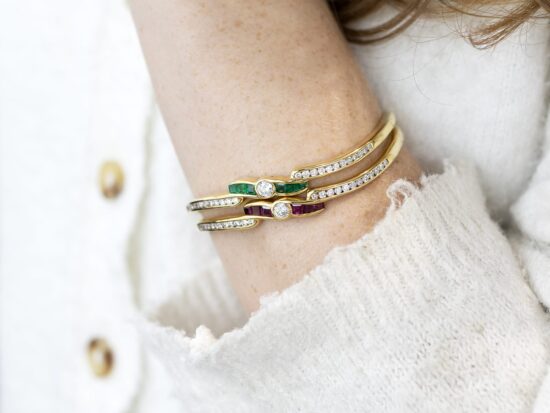 gemstone bangles on wrist