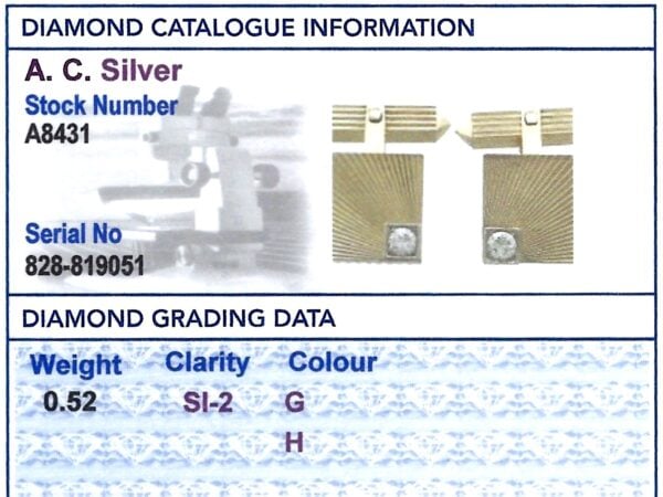 gold and diamond square cufflinks grading card
