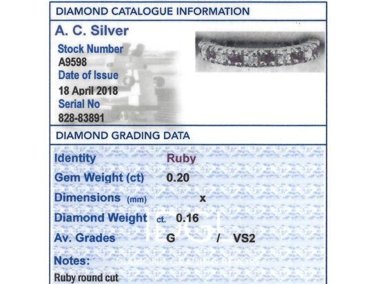Ruby and Diamond Eternity Ring grading card