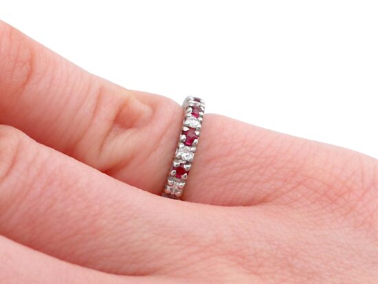Ruby and Diamond Eternity Ring on finger