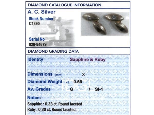 diamond sapphire and ruby cufflinks grading card