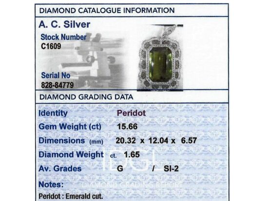 Antique Peridot Pendant in Yellow Gold grading card