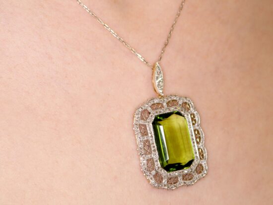 Antique Peridot Pendant in Yellow Gold wearing