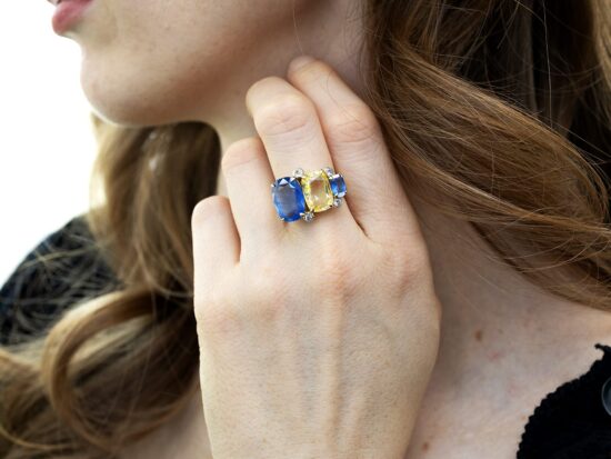 Yellow Blue Sapphire Ring On Hand
