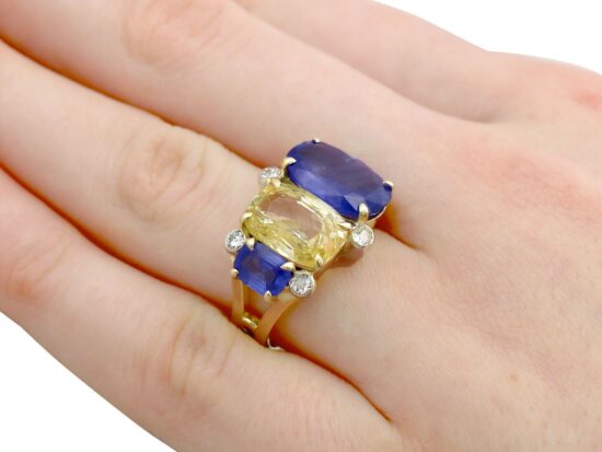 Yellow Blue Sapphire Ring On Finger