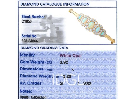 Victorian opal and diamond yellow gold bangle grading card