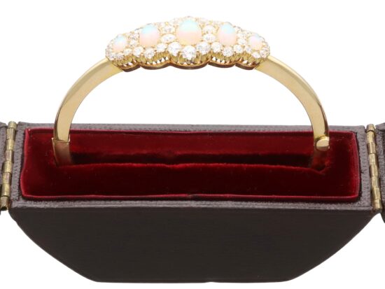 Victorian opal and diamond yellow gold bangle boxed