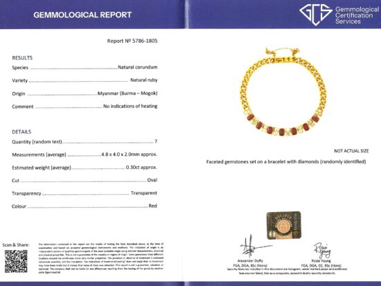 ruby and diamond bracelet certificate
