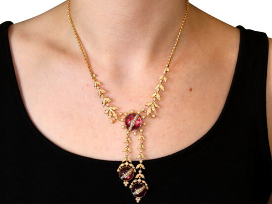 wearing Antique Pearl and Crystal Necklace