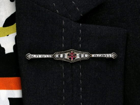 Antique Diamond and Ruby Bar Brooch wearing