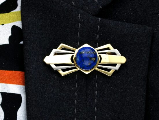 Lapis Lazuli Brooch in Gold wearing