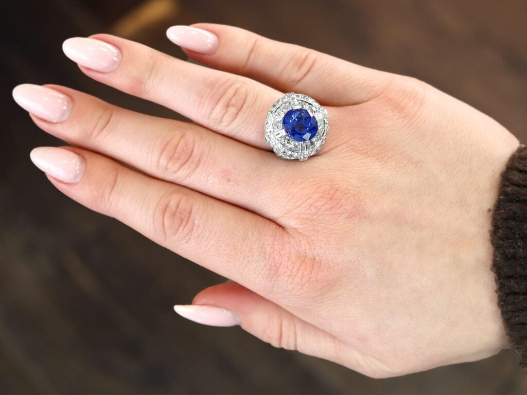 antique diamond sapphire cocktail ring on hand