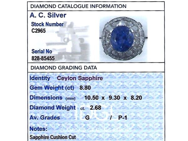 white gold sapphire cocktail ring grading card