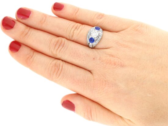 1930's sapphire and diamond cocktail ring on hand