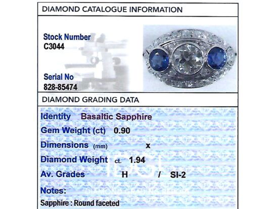 1930's sapphire and diamond cocktail ring grading card