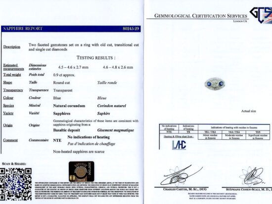 1930's sapphire and diamond dress ring certificate