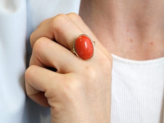 vintage red coral yellow gold ring wearing