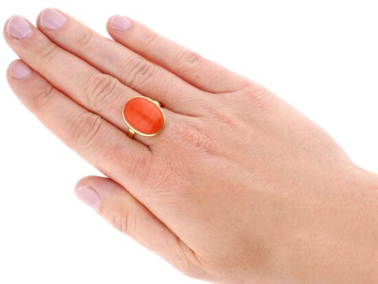 Vintage Coral Gold Ring On Hand