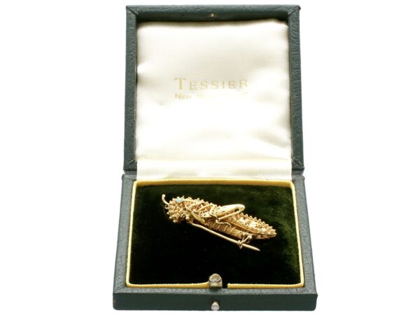 antique gold grasshopper brooch in box