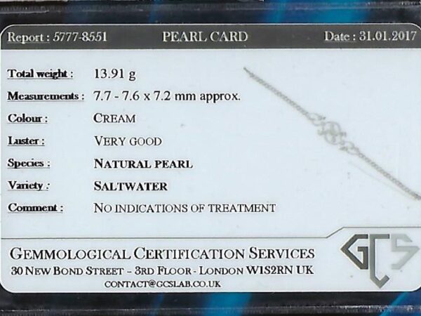 Natural Saltwater Pearl Certificate