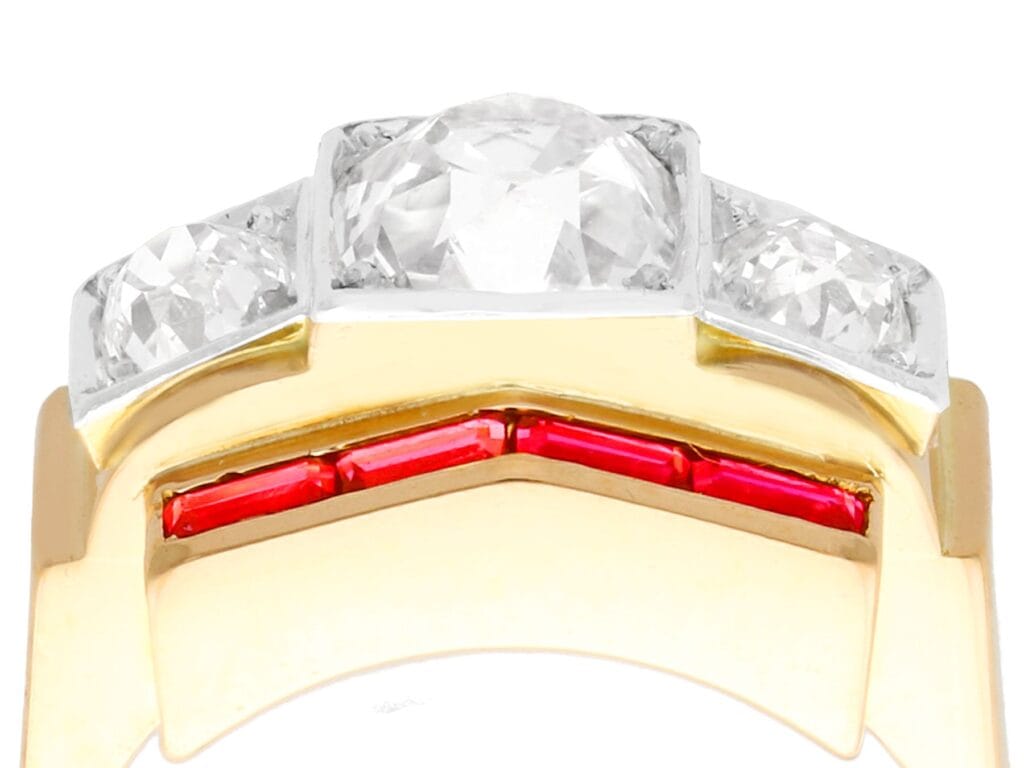 close up of Gold Art Deco Ruby and Diamond Ring