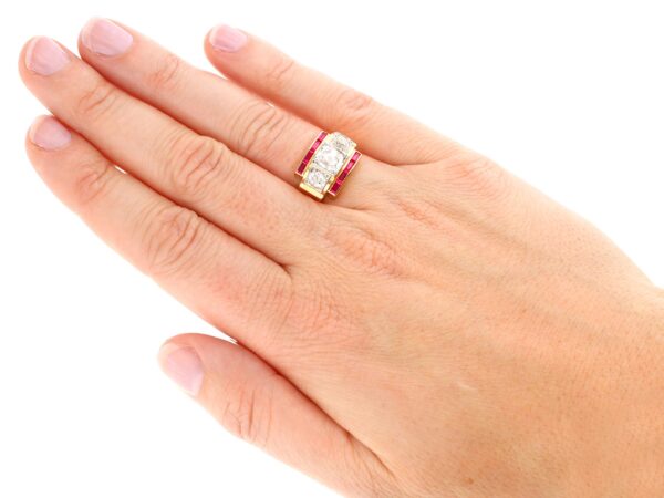 wearing Gold Art Deco Ruby and Diamond Ring