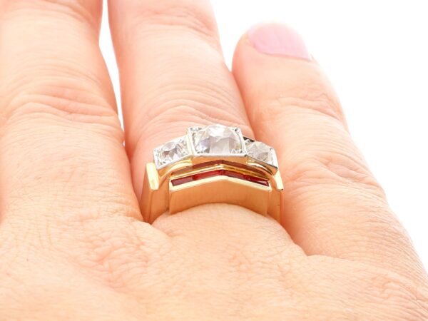 Gold Art Deco Ruby and Diamond Ring on hand