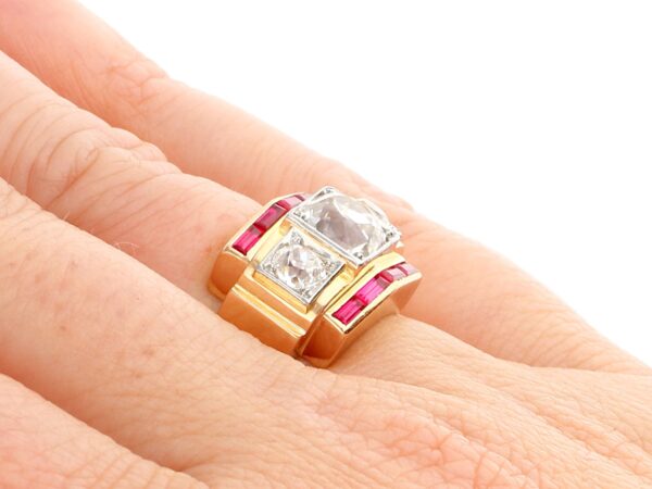 Gold Art Deco Ruby and Diamond Ring on finger