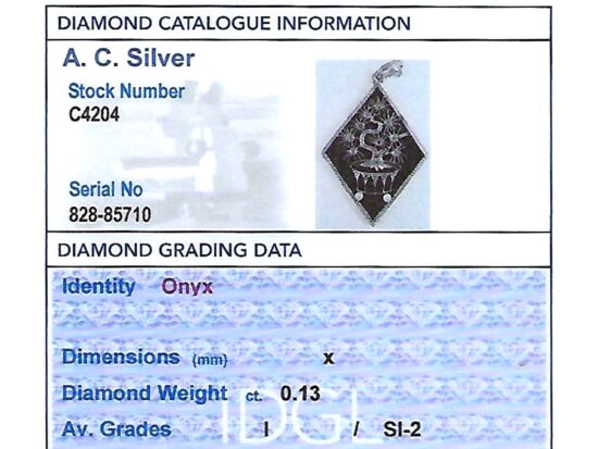 Onyx Panel Pendant with Diamonds grading card