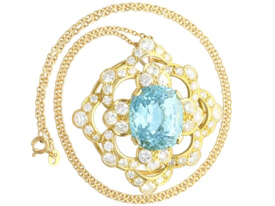 Large Aquamarine Pendant with Diamonds in yellow gold