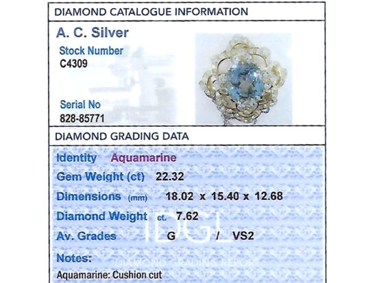 Large Aquamarine Pendant with Diamonds grading card