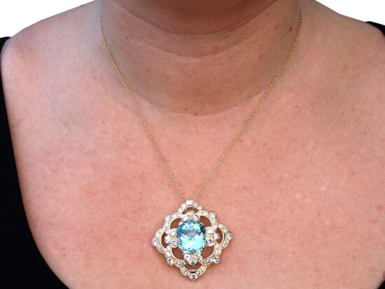 Large Aquamarine Pendant with Diamonds wearing