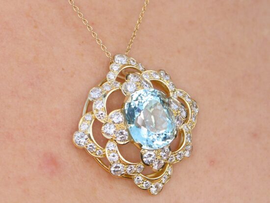 Large Aquamarine Pendant with Diamonds wearing