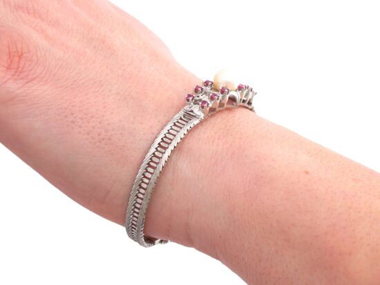 Wearing Vintage Ruby Pearl Bracelet